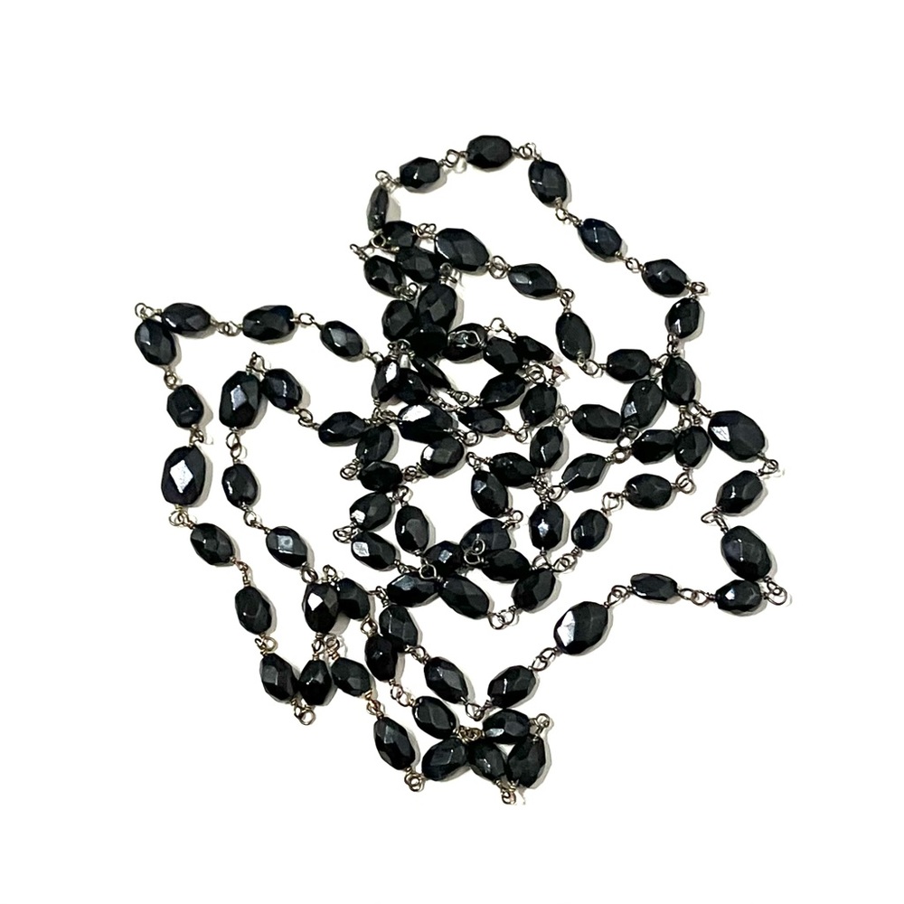 Faceted Black Spinel Sterling Silver Wire Continuous Long Necklace 36”